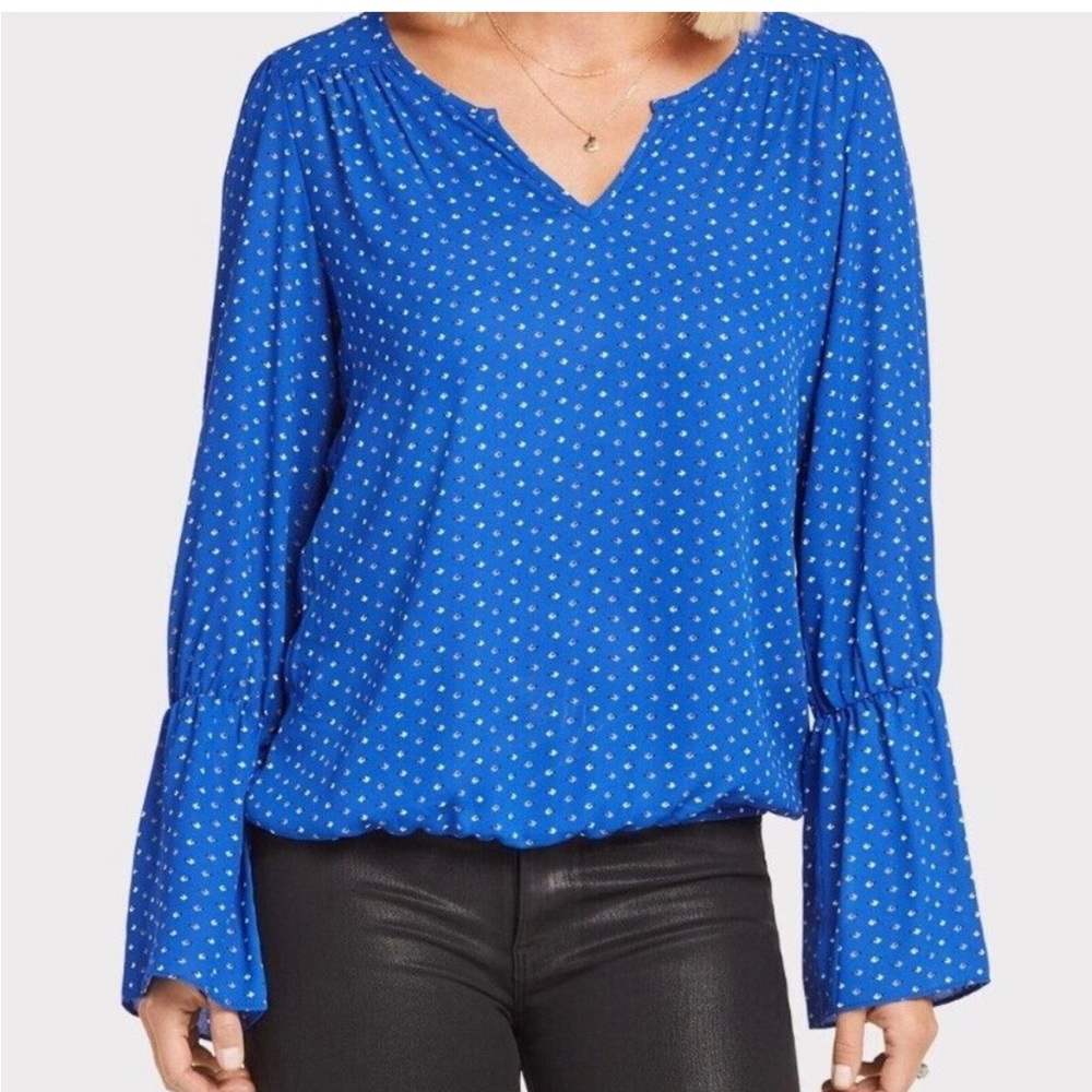 Allison Joy Evereve Blue Printed Bell Sleeve Blouse, Small